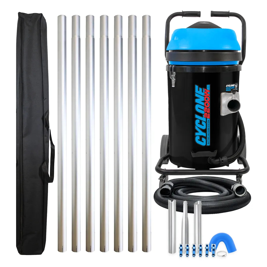 Cyclone 2200W 20 gallon residential gutter vacuum kit with seven aluminum poles, carry bag, hose, nozzles, U-bend and pole clamps