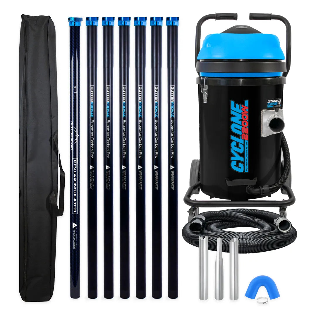 Cyclone 2200W 20 gallon residential gutter vacuum kit with seven carbon poles, one Kevlar® insulated bottom pole, bag, hose, nozzles and U-bend