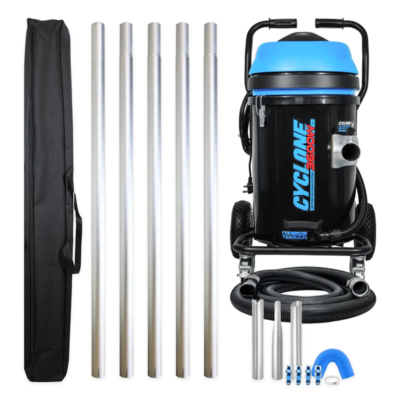 Cyclone II 3600W 20 gallon polypropylene gutter vacuum kit with five aluminum poles, carry bag, hose, nozzles, U-bend and clamps