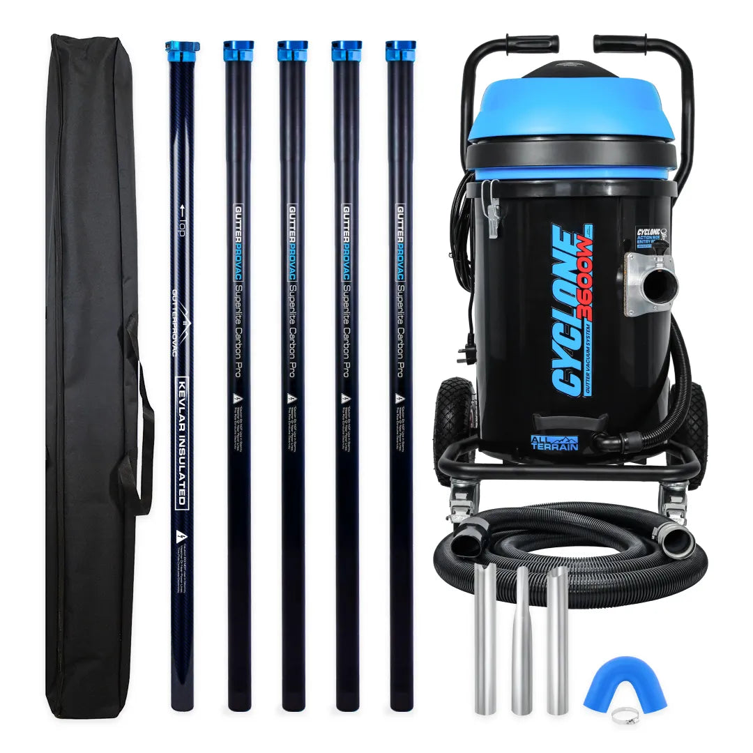 Cyclone II 3600W 20 gallon polypropylene gutter vacuum kit with five carbon poles, one Kevlar® insulated bottom pole, bag, hose, nozzles and U-bend