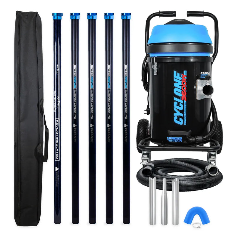 Cyclone II 3600W 20 gallon polypropylene gutter vacuum kit with five carbon poles, one Kevlar® insulated bottom pole, bag, hose, nozzles and U-bend