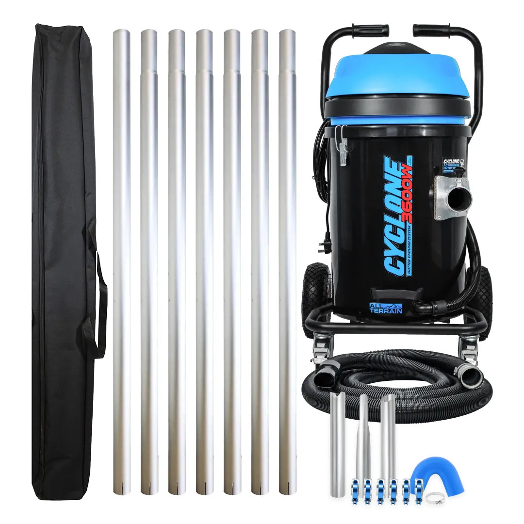Cyclone II 3600W 20 gallon polypropylene gutter vacuum kit with seven aluminum poles, carry bag, hose, nozzles, U-bend and clamps
