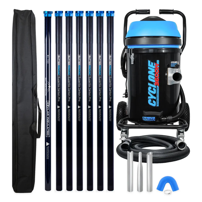 Cyclone II 3600W 20 gallon polypropylene gutter vacuum kit with seven carbon poles, one Kevlar® insulated bottom pole, bag, hose, nozzles and U-bend