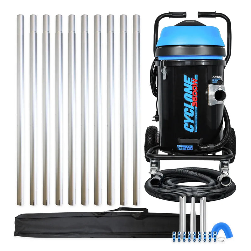 Cyclone II 3600W 20 gallon polypropylene gutter vacuum kit with ten aluminum poles, carry bag, hose, nozzles, U-bend and clamps