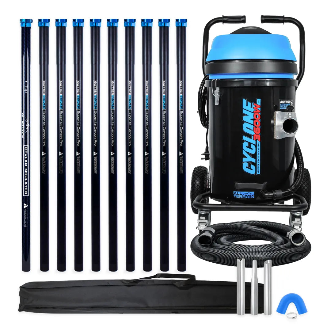 Cyclone II 3600W 20 gallon polypropylene gutter vacuum kit with ten carbon poles, one Kevlar® insulated bottom pole, bag, hose, nozzles and U-bend