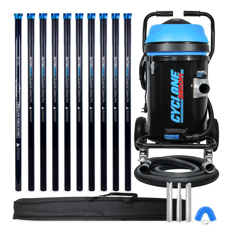 Cyclone II 3600W 20 gallon polypropylene gutter vacuum kit with ten carbon poles, one Kevlar® insulated bottom pole, bag, hose, nozzles and U-bend