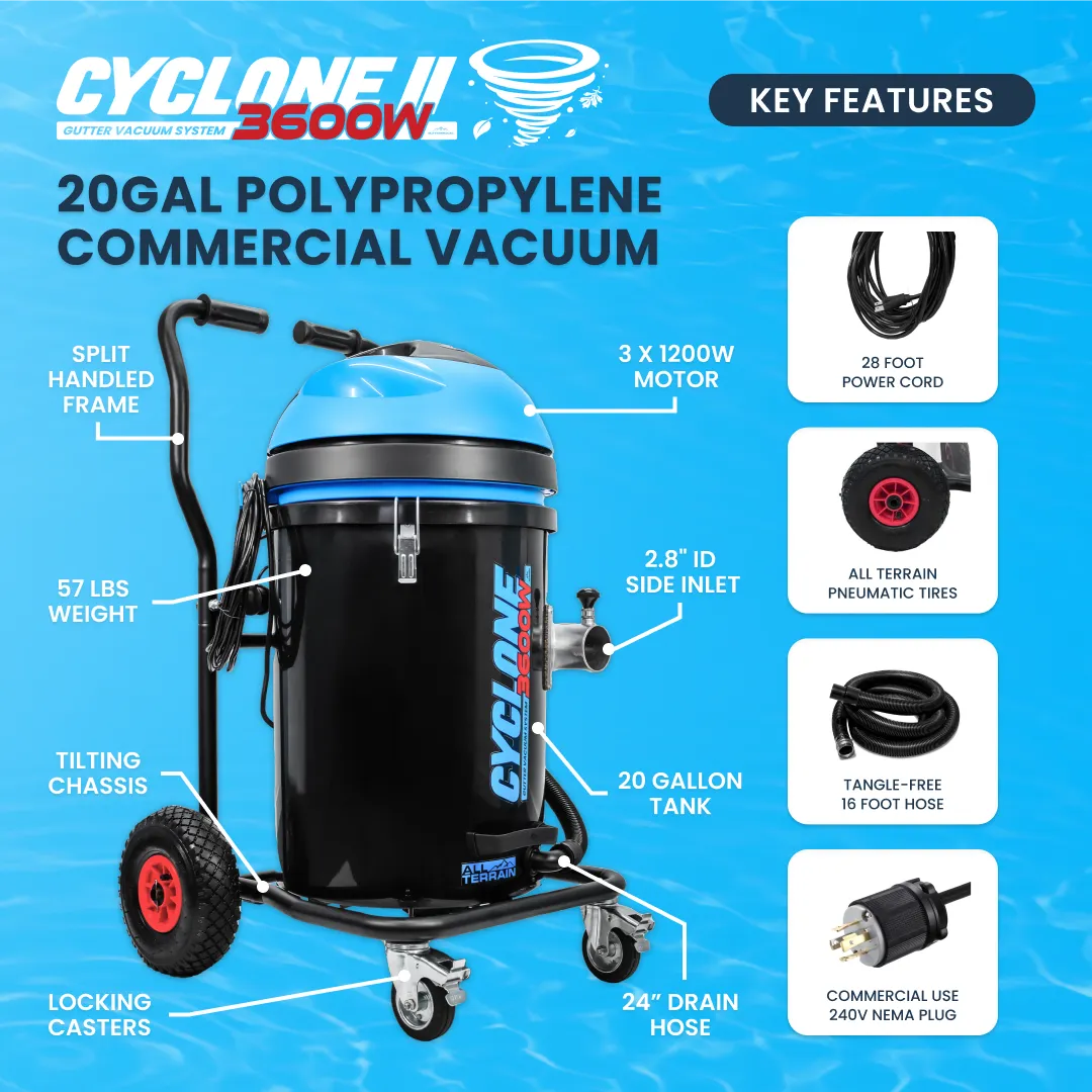 Gallery image 2 for 20 Gallon Cyclone II 3600W Polypropylene Gutter Vacuum System (Inc. 40ft Carbon Clamping Pole Kit &amp; Bag)