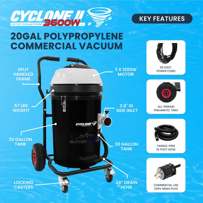20 Gallon Cyclone II 3600W Polypropylene Gutter Vacuum with 28 Foot Carbon Clamping Poles and Bag