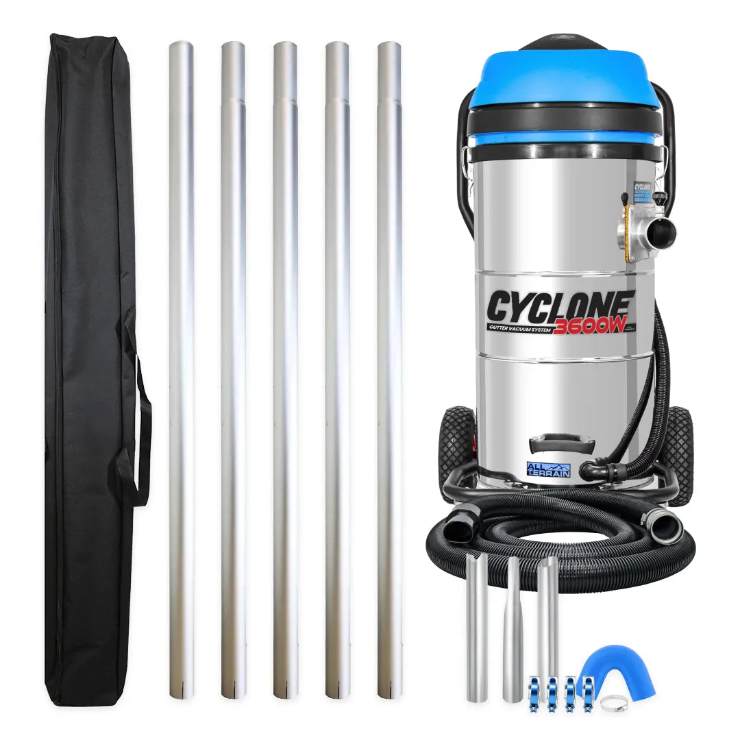 Cyclone II 3600W 27 gallon stainless steel gutter vacuum kit with five aluminum poles, carry bag, hose, nozzles, U-bend and clamps