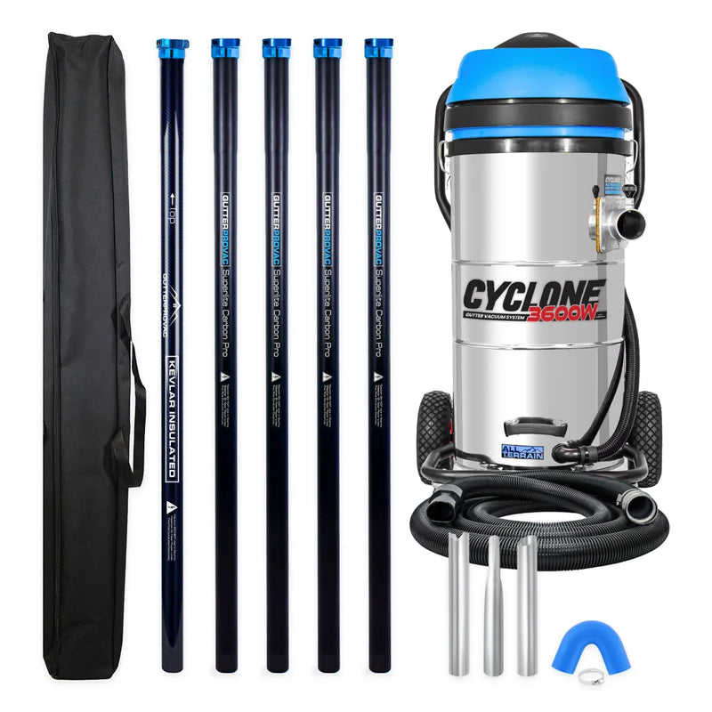 Cyclone II 3600W 27 gallon stainless steel gutter vacuum kit with five carbon poles, one Kevlar® insulated bottom pole, bag, hose, nozzles and U-bend