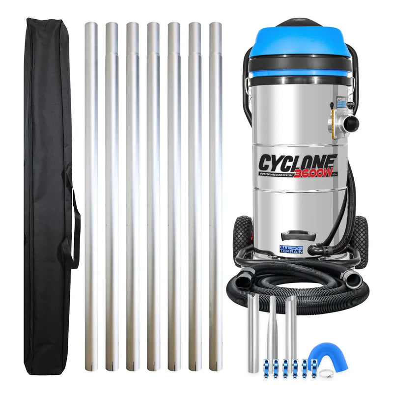 Cyclone II 3600W 27 gallon stainless steel gutter vacuum kit with seven aluminum poles, carry bag, hose, nozzles, U-bend and clamps