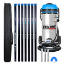 Cyclone II 3600W 27 gallon stainless steel gutter vacuum kit with seven carbon poles, one Kevlar® insulated bottom pole, bag, hose, nozzles and U-bend