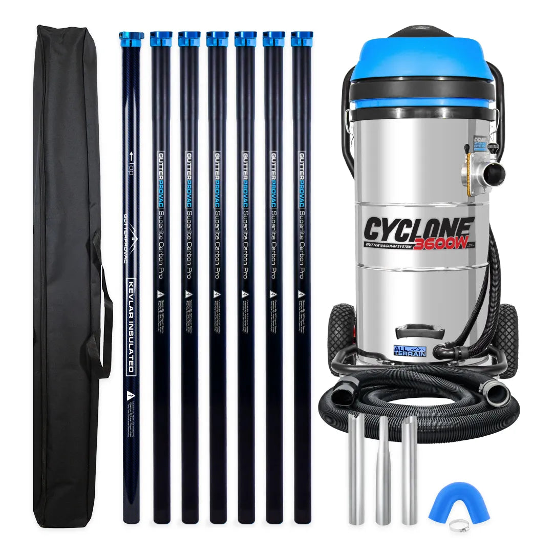 Cyclone II 3600W 27 gallon stainless steel gutter vacuum kit with seven carbon poles, one Kevlar® insulated bottom pole, bag, hose, nozzles and U-bend