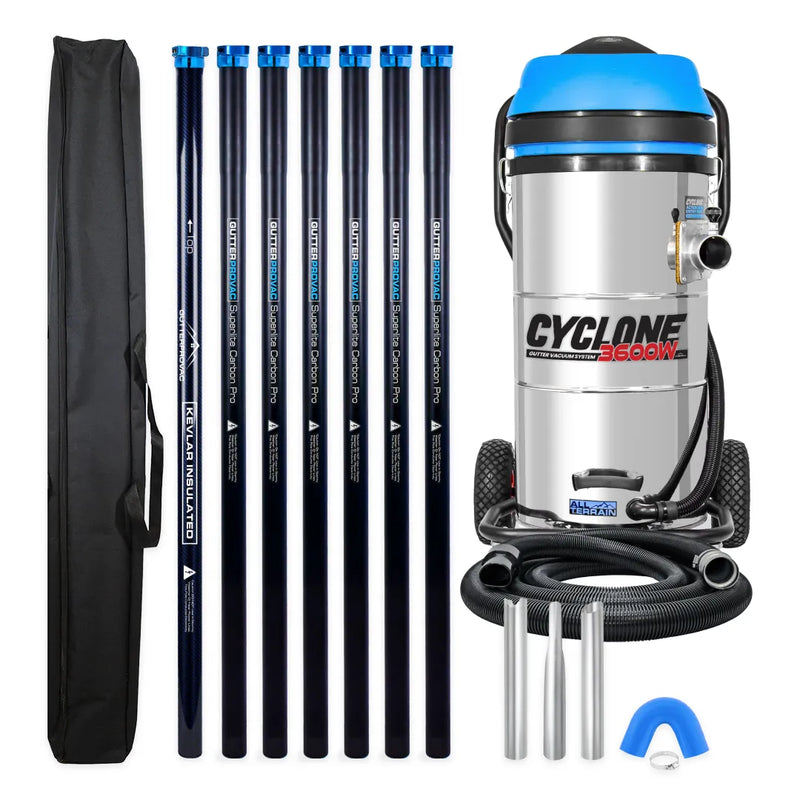 Cyclone II 3600W 27 gallon stainless steel gutter vacuum kit with seven carbon poles, one Kevlar® insulated bottom pole, bag, hose, nozzles and U-bend