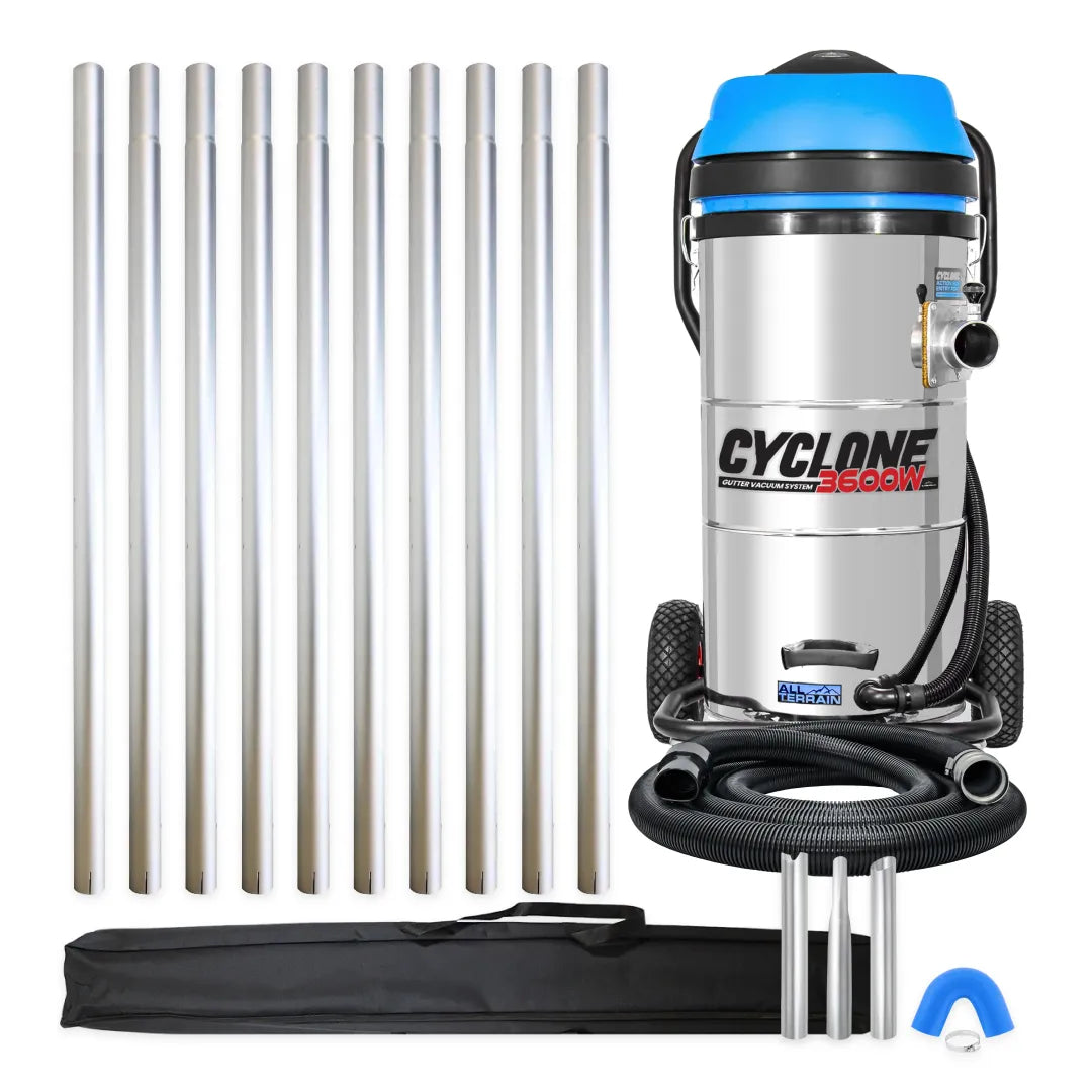 Cyclone II 3600W 27 gallon stainless steel gutter vacuum kit with ten aluminum poles, carry bag, hose, nozzles, U-bend and clamps