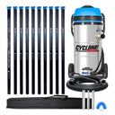Cyclone II 3600W 27 gallon stainless steel gutter vacuum kit with ten carbon poles, one Kevlar® insulated bottom pole, bag, hose, nozzles and U-bend
