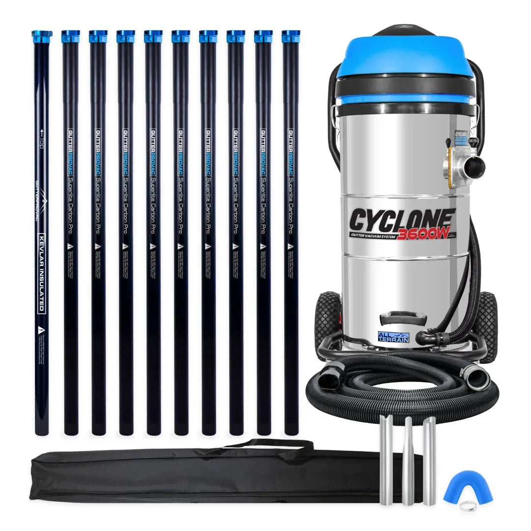 Cyclone II 3600W 27 gallon stainless steel gutter vacuum kit with ten carbon poles, one Kevlar® insulated bottom pole, bag, hose, nozzles and U-bend
