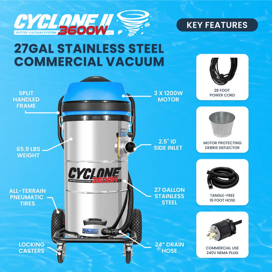 3600W Cyclone II Gutter Vacuum System - 27 Gallon, All-Terrain with 40 foot Carbon Clamping Poles and Durable Bag