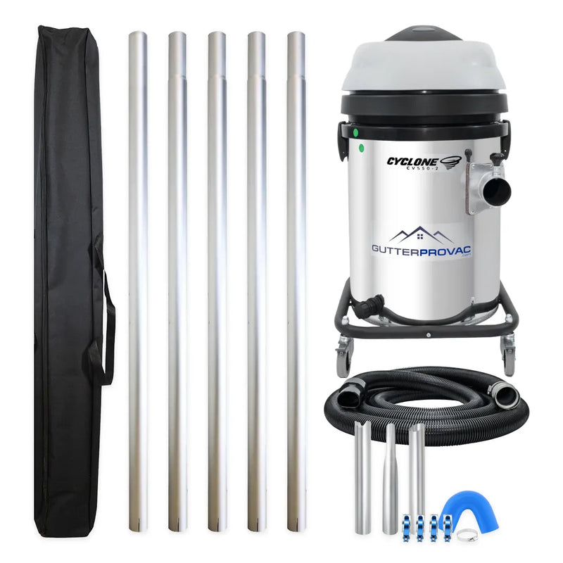 Cyclone CVS50-2 13 gallon residential gutter vacuum kit with five aluminum poles, carry bag, hose, nozzles, U-bend and pole clamps