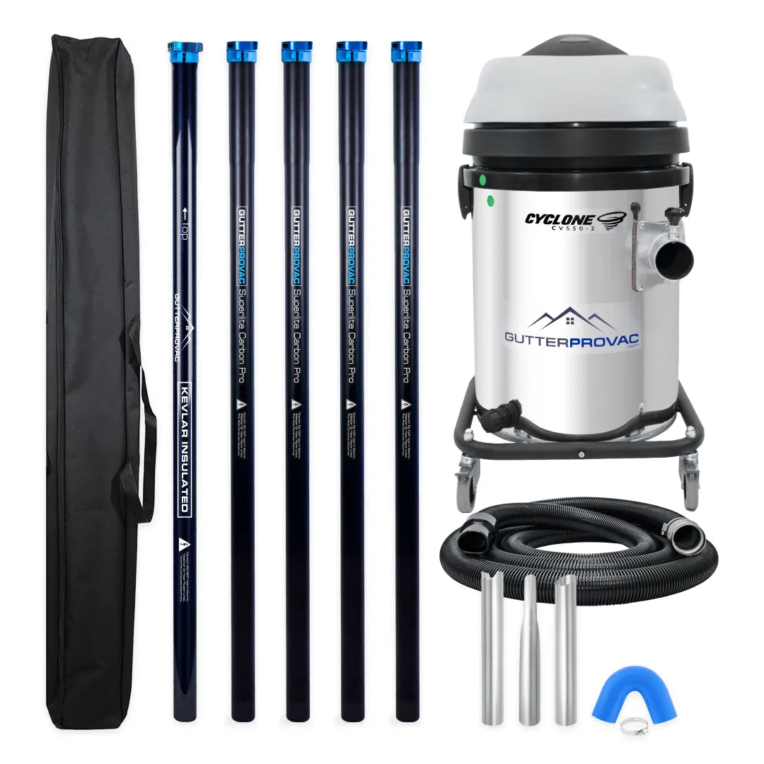 Cyclone CVS50-2 13 gallon residential gutter vacuum kit with five carbon poles, one Kevlar® insulated bottom pole, bag, hose, nozzles and U-bend