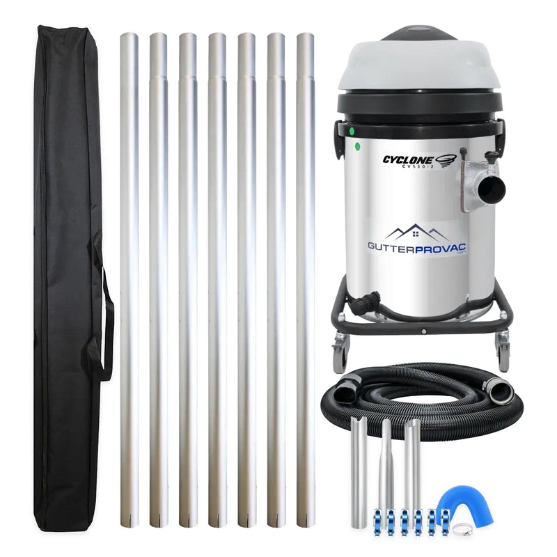 Cyclone CVS50-2 13 gallon residential gutter vacuum kit with seven aluminum poles, carry bag, hose, nozzles, U-bend and pole clamps