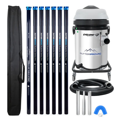 Cyclone CVS50-2 13 gallon residential gutter vacuum kit with seven carbon poles, one Kevlar® insulated bottom pole, bag, hose, nozzles and U-bend
