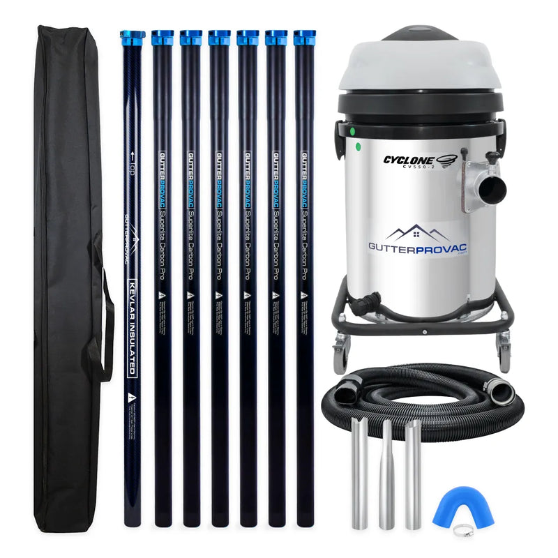 Cyclone CVS50-2 13 gallon residential gutter vacuum kit with seven carbon poles, one Kevlar® insulated bottom pole, bag, hose, nozzles and U-bend