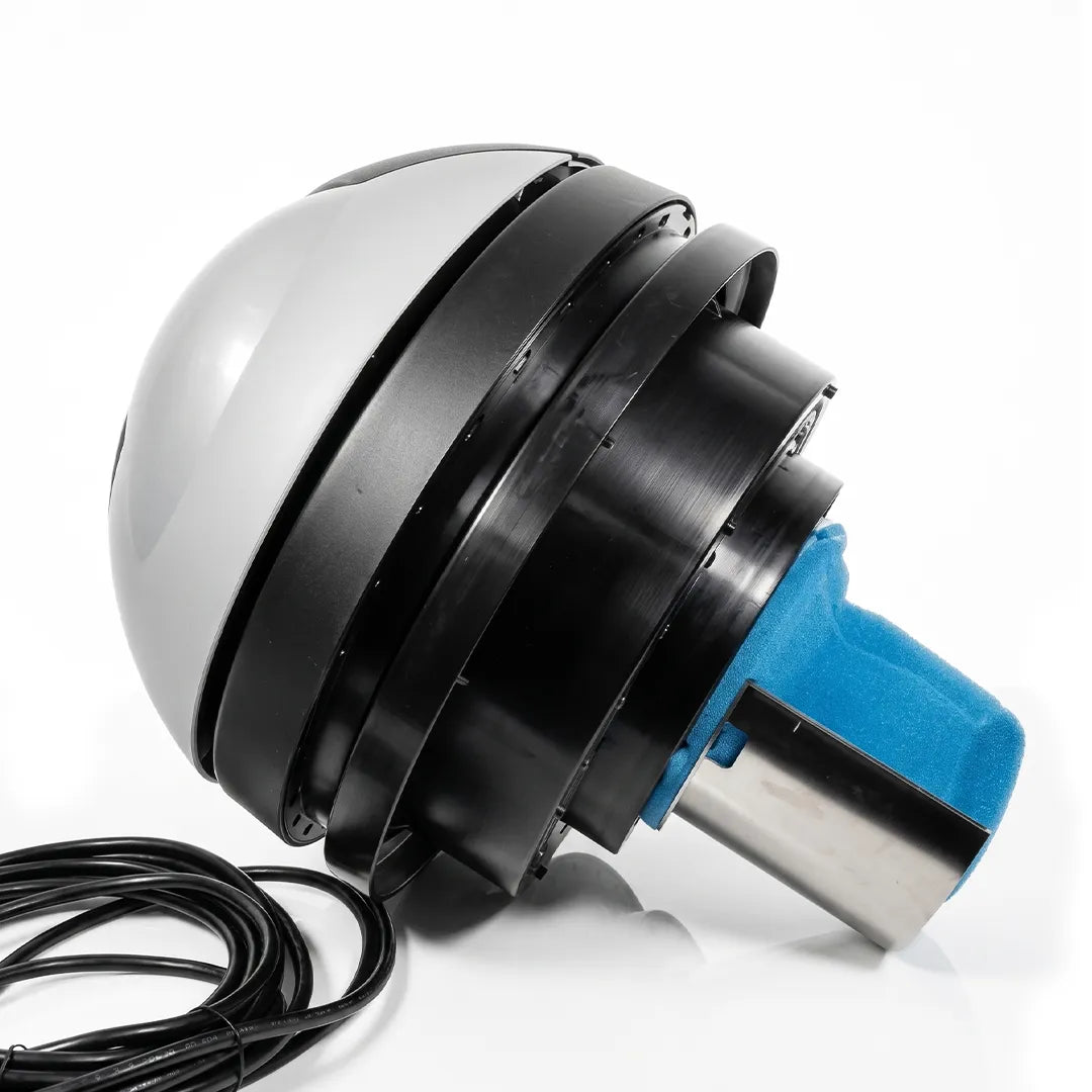 Cyclone 13 gallon gutter vacuum motor head on its side showing the blue foam filter covering the metal gauze filter