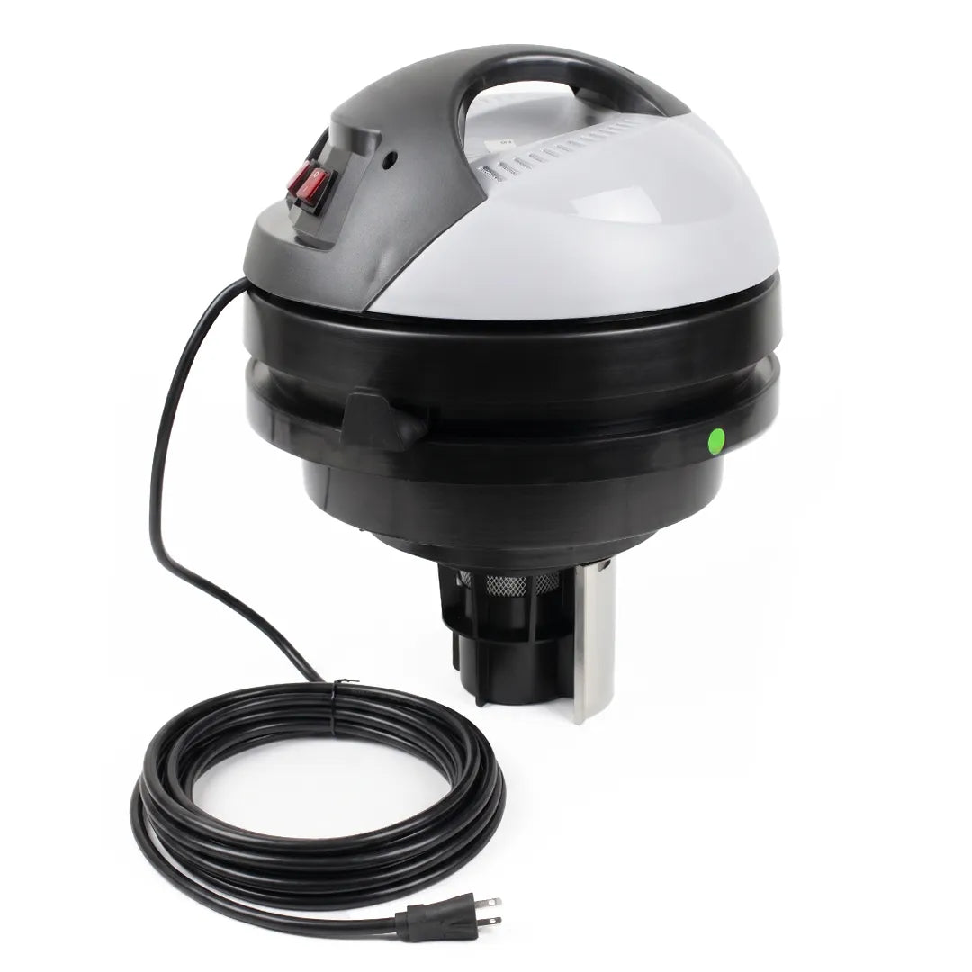 Cyclone gutter vacuum dual motor head unit in black and grey with power switch, carry handle and power cord