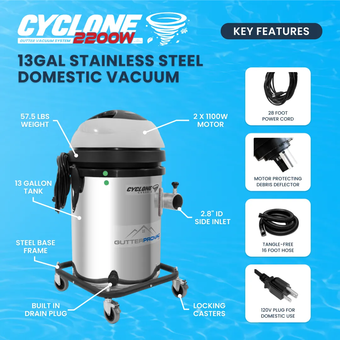 13 Gallon Cyclone 2200W Stainless Steel Domestic Gutter Vacuum with 28 Foot Carbon Clamping Poles, and Bag