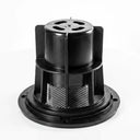 Side view of the assembled Cyclone 13 gallon gutter vacuum filter housing with metal gauze mesh visible through the cage