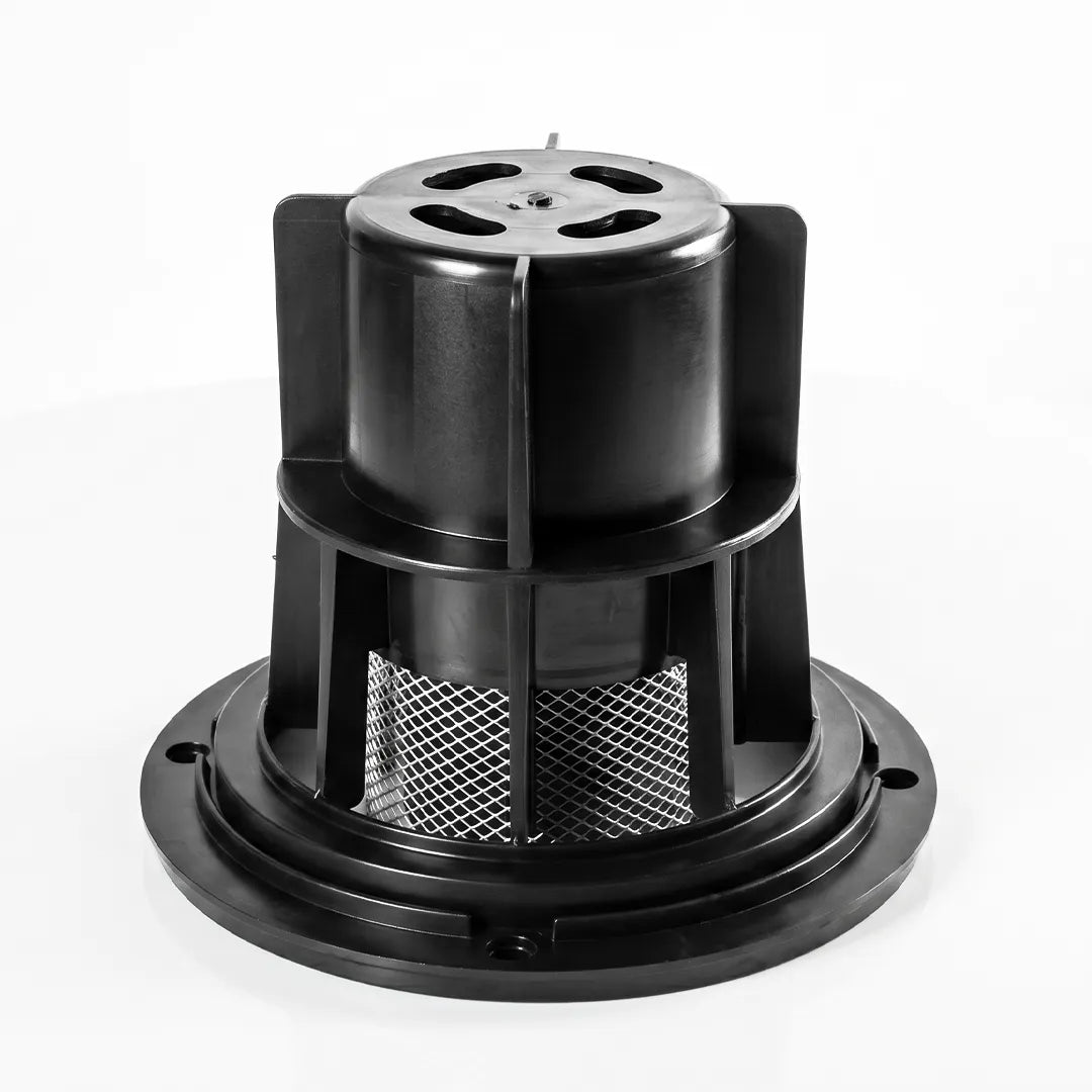 Side view of the assembled Cyclone 13 gallon gutter vacuum filter housing with metal gauze mesh visible through the cage