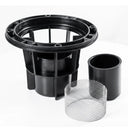 Cyclone 13 gallon gutter vacuum filter housing with the stainless metal gauze mesh and sleeve removed and set beside it