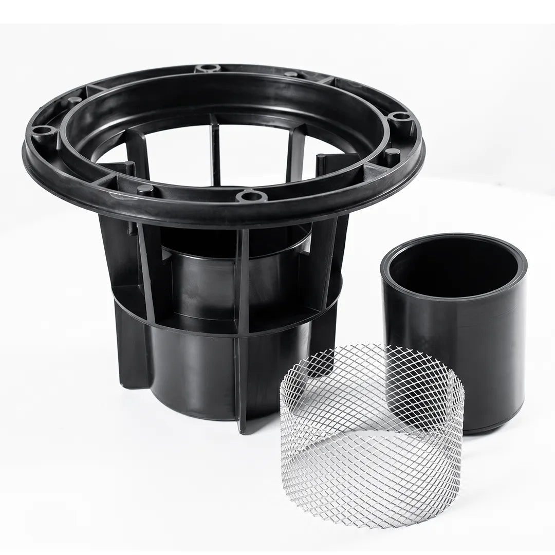 Cyclone 13 gallon gutter vacuum filter housing with the stainless metal gauze mesh and sleeve removed and set beside it