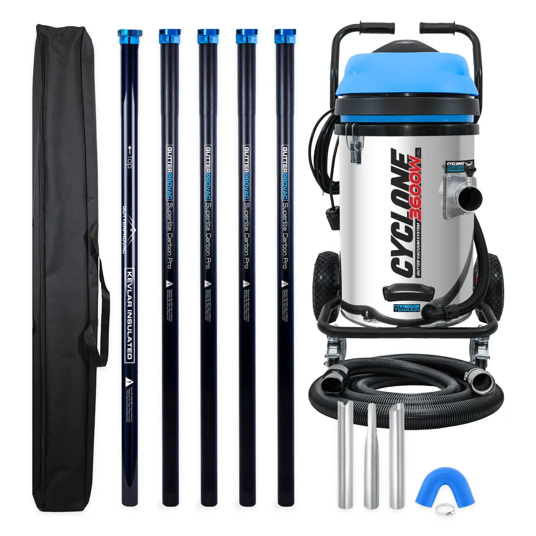 Cyclone II 3600W 20 gallon stainless steel gutter vacuum kit with five carbon poles, one Kevlar® insulated bottom pole, bag, hose, nozzles and U-bend