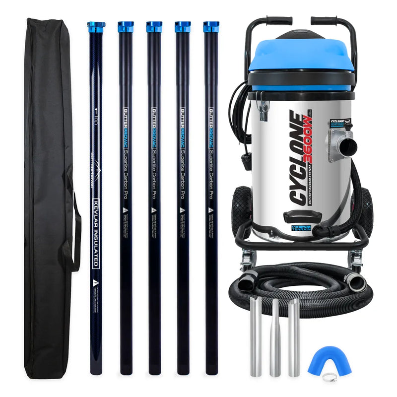 Cyclone II 3600W 20 gallon stainless steel gutter vacuum kit with five carbon poles, one Kevlar® insulated bottom pole, bag, hose, nozzles and U-bend