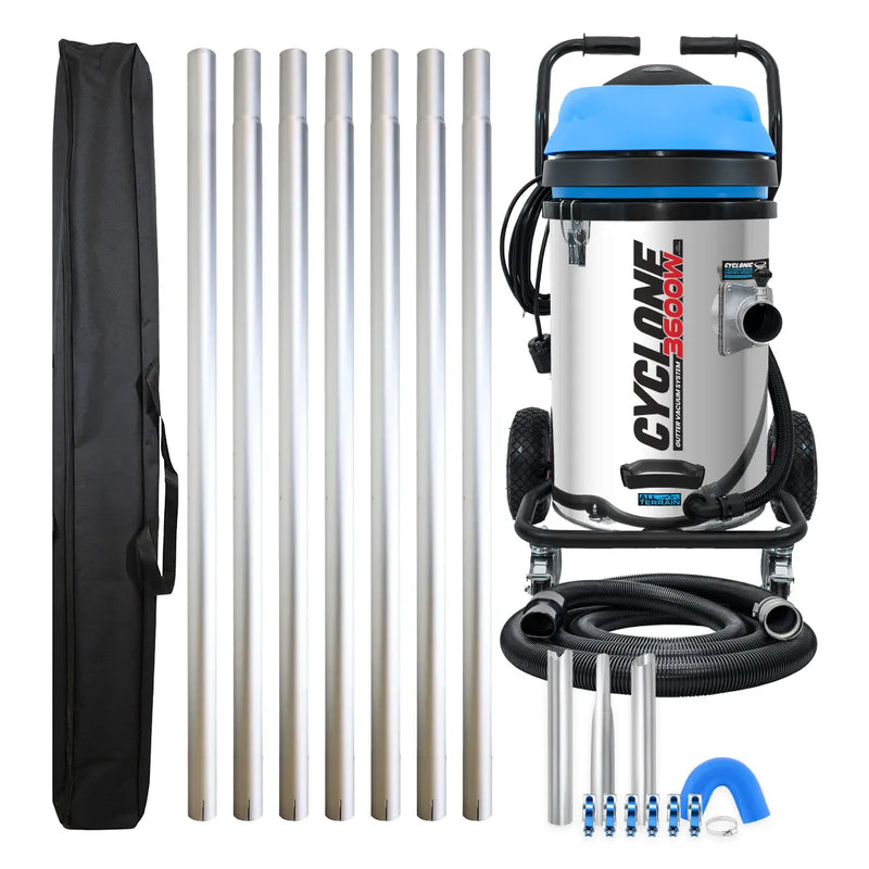 Cyclone II 3600W 20 gallon stainless steel gutter vacuum kit with seven aluminum poles, carry bag, hose, nozzles, U-bend and clamps