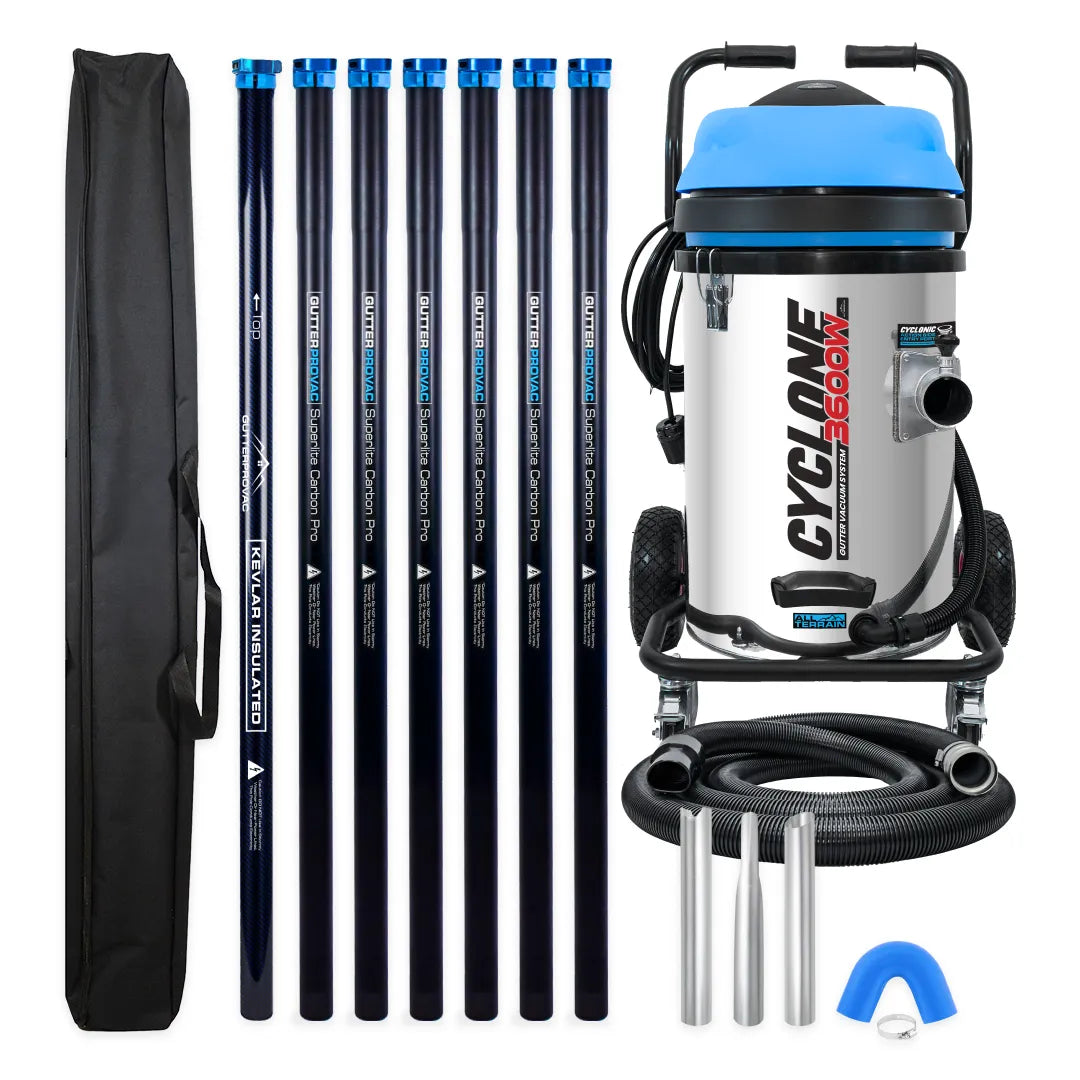 Cyclone II 3600W 20 gallon stainless steel gutter vacuum kit with seven carbon poles, one Kevlar® insulated bottom pole, bag, hose, nozzles and U-bend