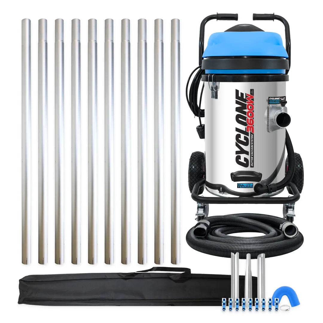 Cyclone II 3600W 20 gallon stainless steel gutter vacuum kit with ten aluminum poles, carry bag, hose, nozzles, U-bend and clamps