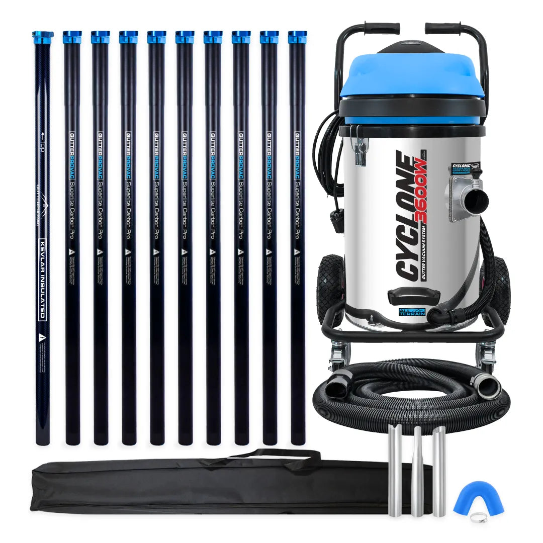 Cyclone II 3600W 20 gallon stainless steel gutter vacuum kit with ten carbon poles, one Kevlar® insulated bottom pole, bag, hose, nozzles and U-bend