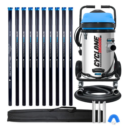 Cyclone II 3600W 20 gallon stainless steel gutter vacuum kit with ten carbon poles, one Kevlar® insulated bottom pole, bag, hose, nozzles and U-bend