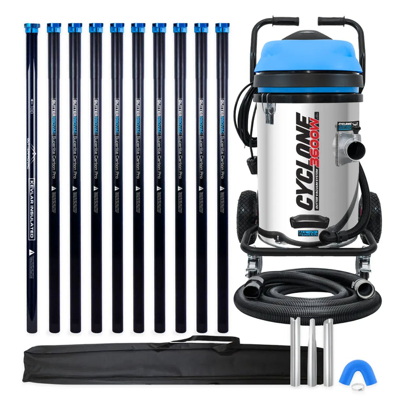 Cyclone II 3600W 20 gallon stainless steel gutter vacuum kit with ten carbon poles, one Kevlar® insulated bottom pole, bag, hose, nozzles and U-bend