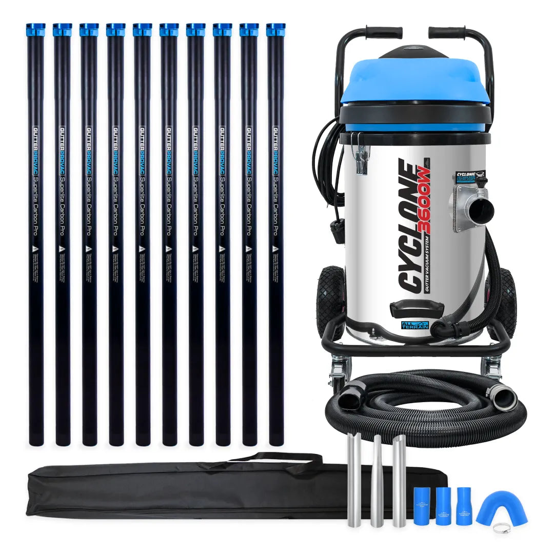 20 Gallon Cyclone II 3600W Stainless Steel Gutter Vacuum with 40 Foot Carbon Fiber Clamping Poles and Bag