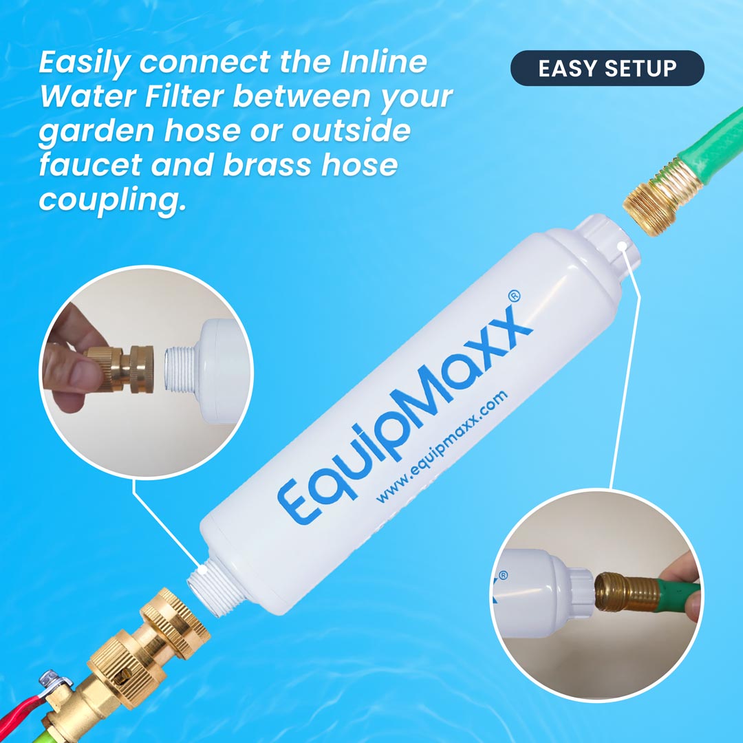 Easy connect infographic of Inline water filter connected to a green hose and brass coupling, with close-ups of easy faucet and hose connections.