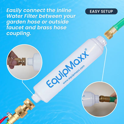 Easy connect infographic of Inline water filter connected to a green hose and brass coupling, with close-ups of easy faucet and hose connections.