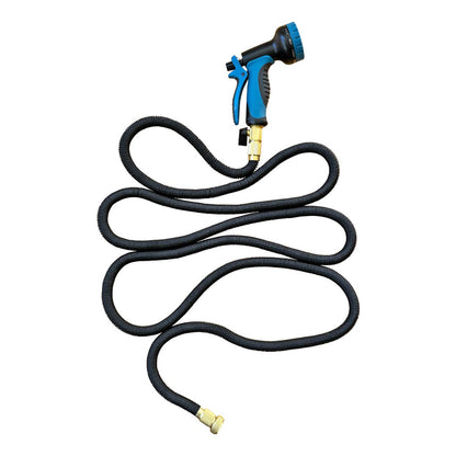 Blue and black deionized spray gun with attached black garden hose.