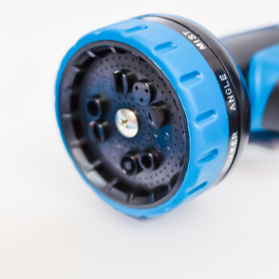 Close-up view of the adjustable deionized spray gun nozzle with various spray settings for different uses.