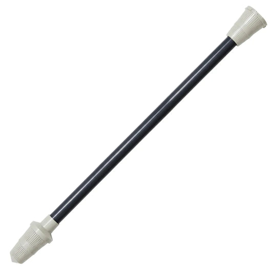 Full length view of a black riser tube with grey, slotted Distributor Baskets attached at both the top and bottom ends.