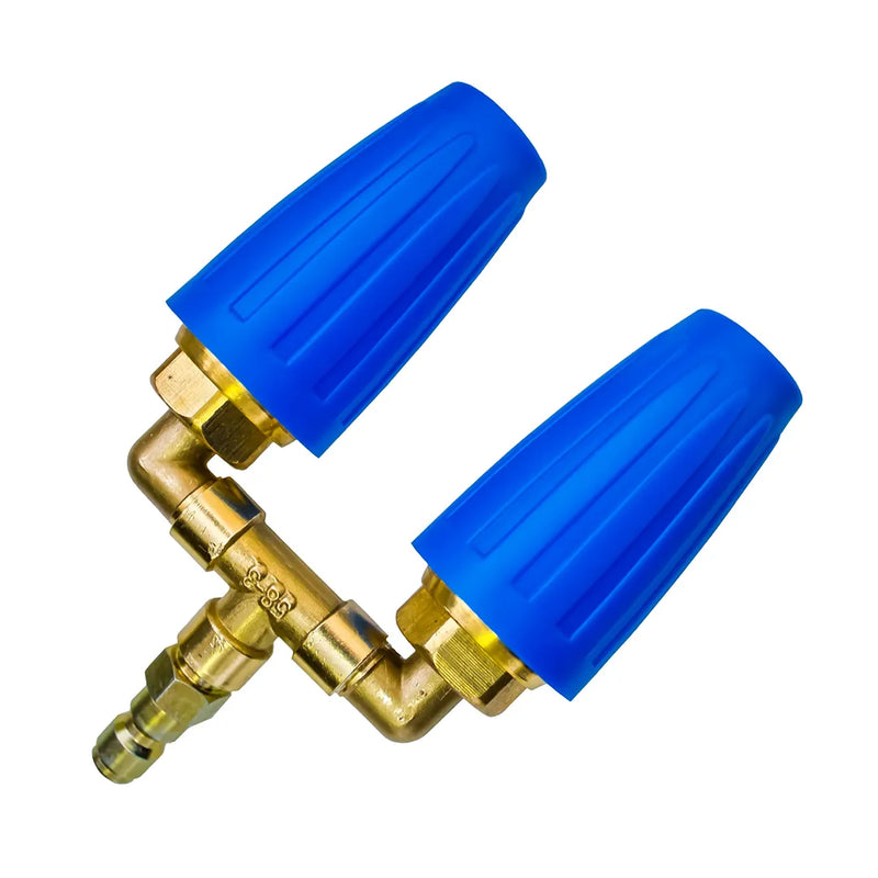 Diagonal view of a dual turbo nozzle featuring brass fittings, a quick-connect base, and two blue nozzles.