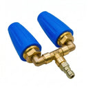 Angled view of a dual turbo nozzle showing the brass T-splitter, quick-connect plug, and two blue nozzles.
